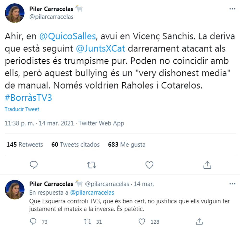 Pilar Carracelas, denunciando el asedio a periodistas desde el entorno de JxCat y sus seguidores