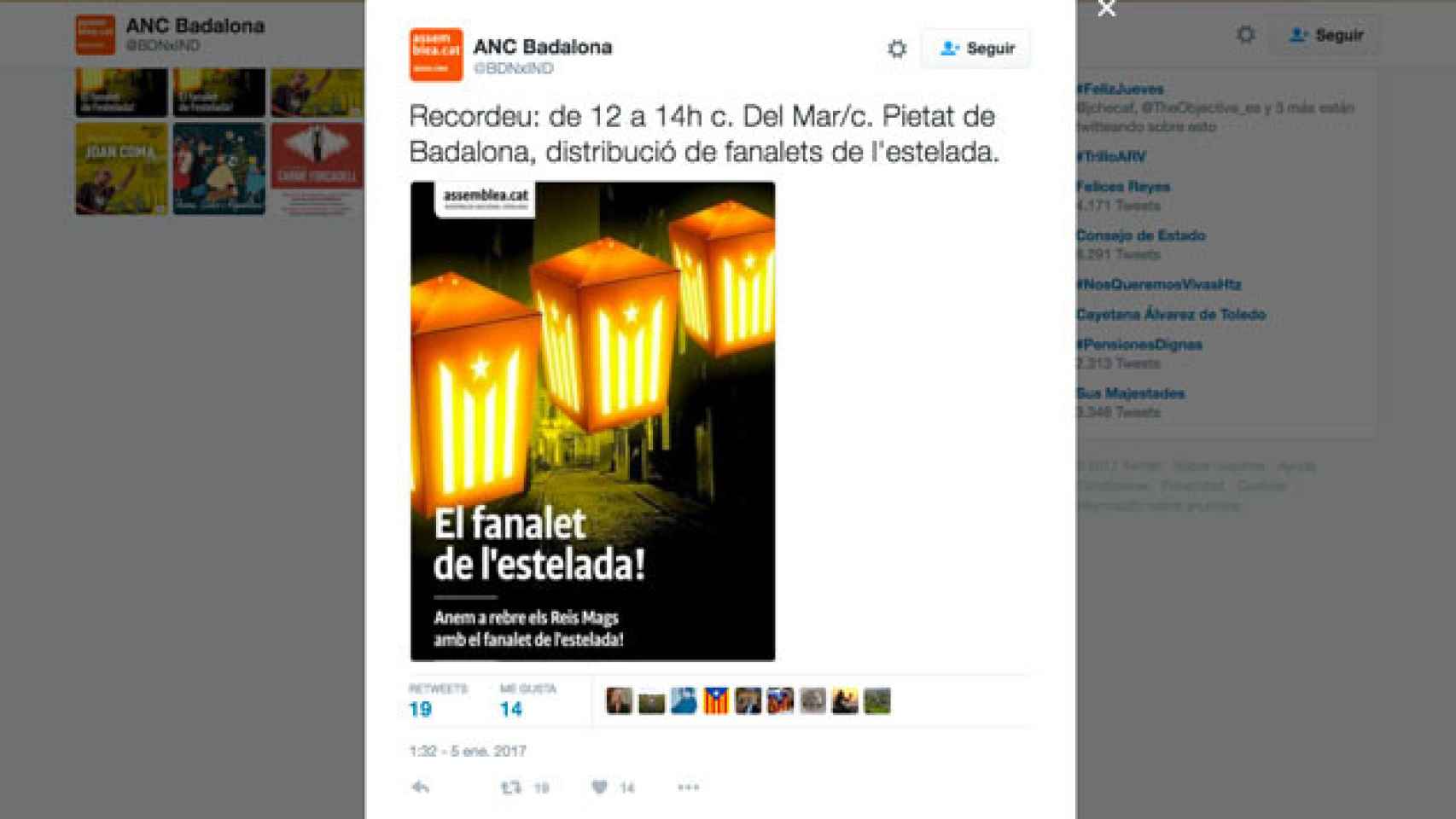 Imagen del tuit de la ANC de Badalona llamando a coger farolillos con 'esteladas' / CG