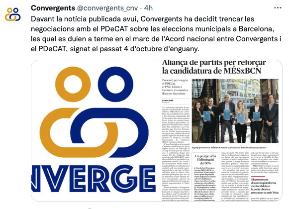 Convergents, anunciando que no se presenta a las municipales de Barcelona / TWITTER