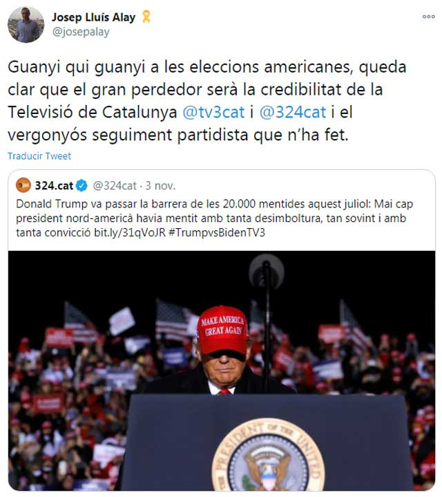 Tuit de Josep Lluís Alay criticando a TV3 por denunciar las mentiras de Donald Trump / @josepalay (TWITTER)