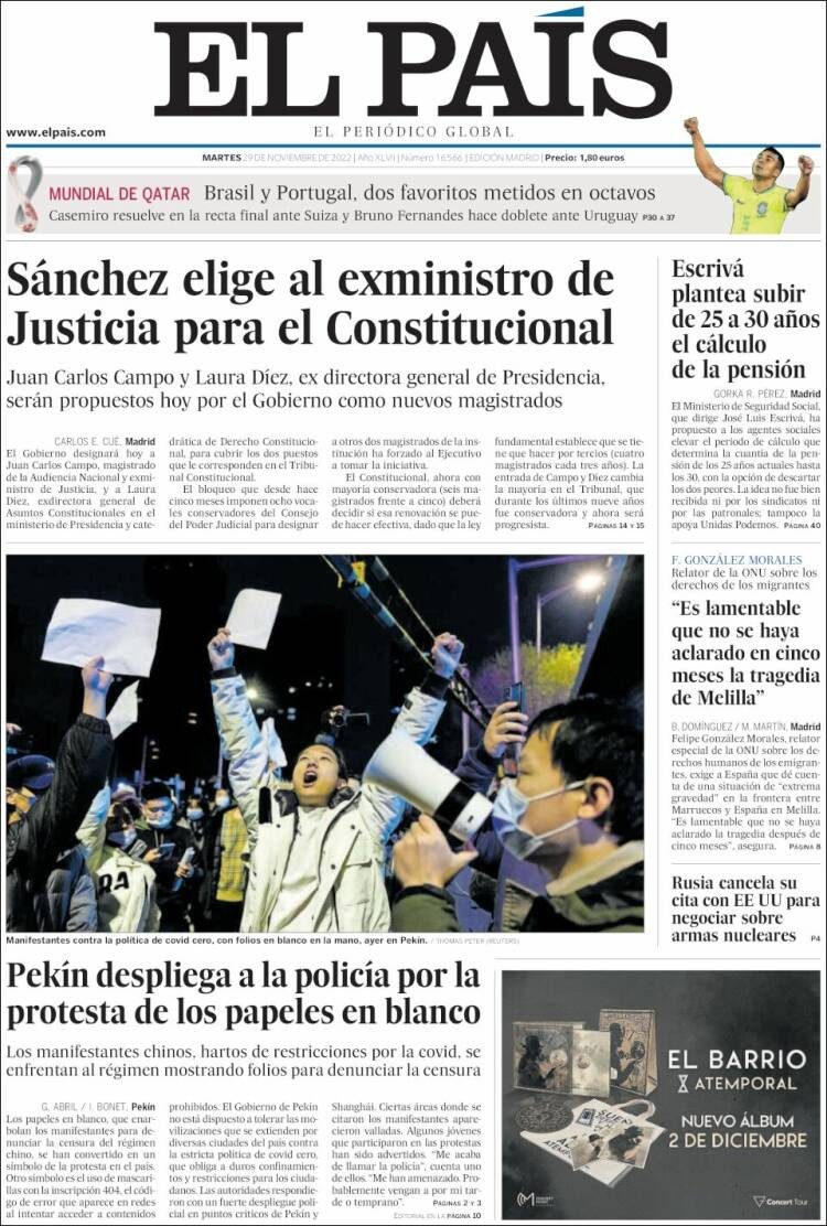 Portada de 'El País' del 29 de noviembre de 2022 / Kiosko
