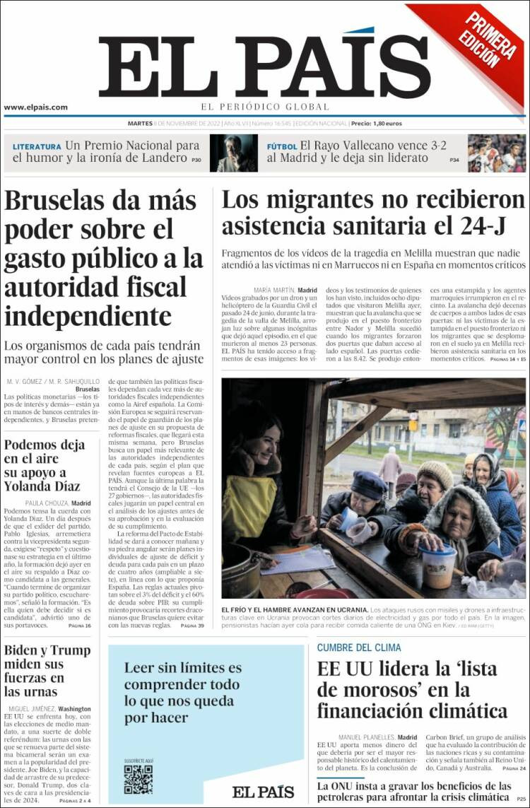 Portada de 'El País' de 8 de noviembre de 2022 / KIOSKO.NET
