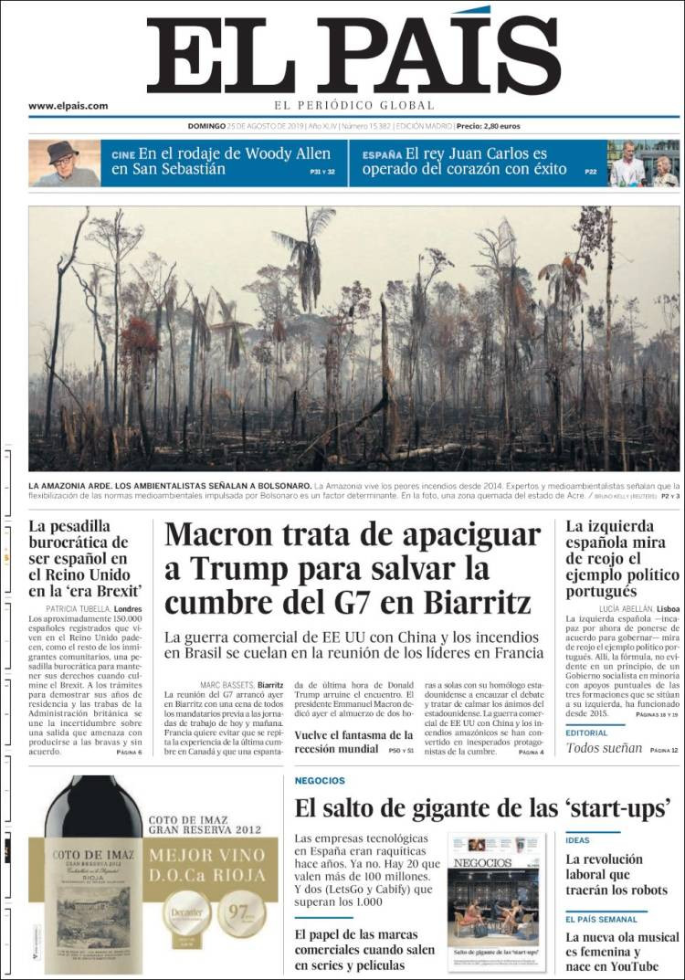 Portada de 'El País' del domingo 25 de agosto