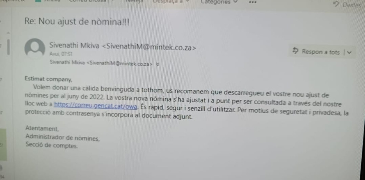 Uno de los correos de la campaña de 'phishing' contra agentes de los Mossos d'Esquadra
