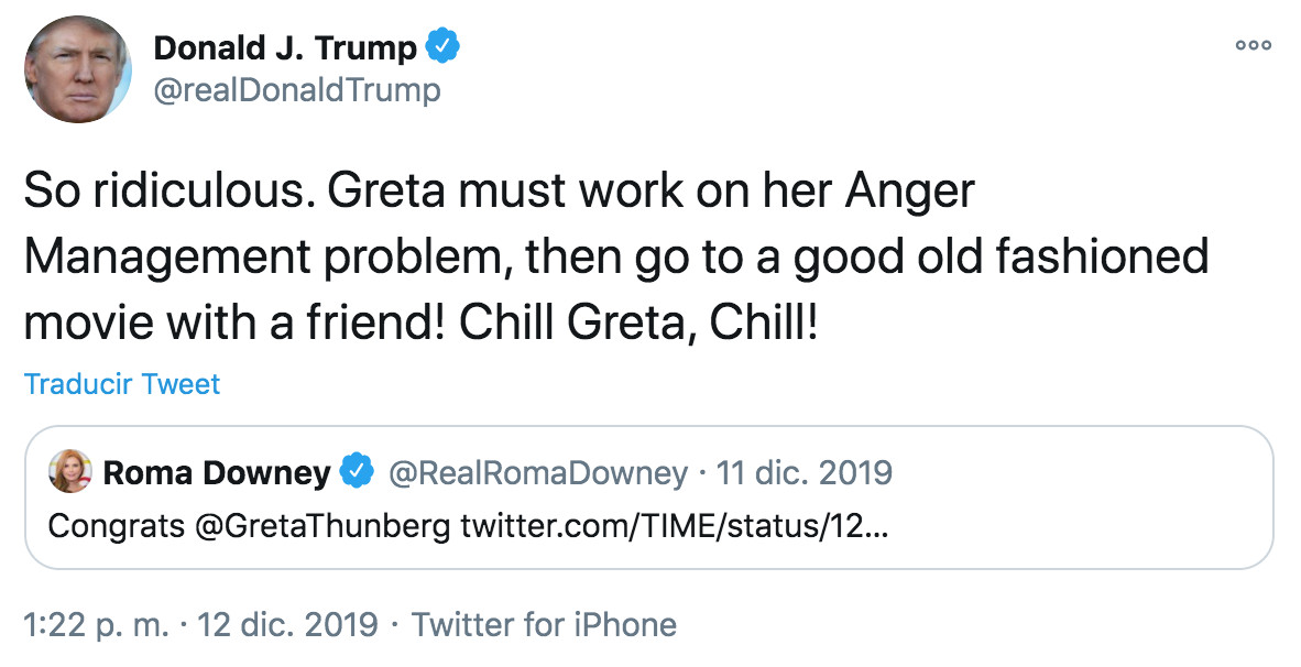 Tuit de Trump criticando a Greta Thunberg / TWITTER