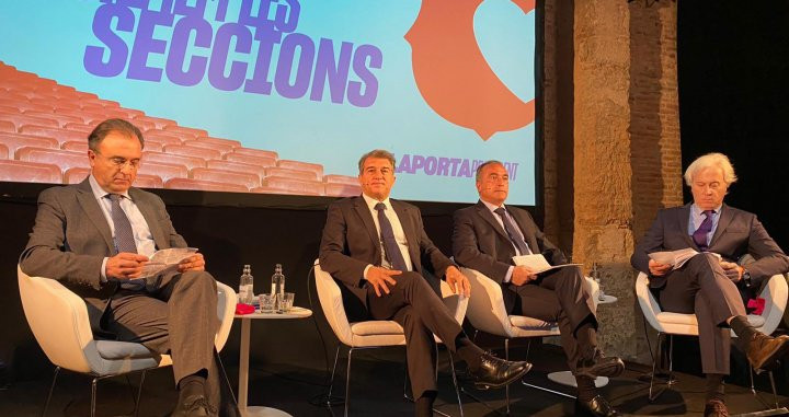 Joan Laporta junto a los directivos Rafa Yuste, Josep Cubells y Aureli Mas (izquierda) / Estimem el Barça