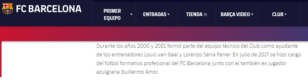 Así describe la web del Barça los roles de Bakero y Amor / FCB