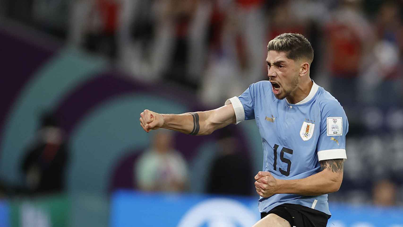 La euforia de Fede Valverde, durante un partido de Uruguay en el Mundial / EFE