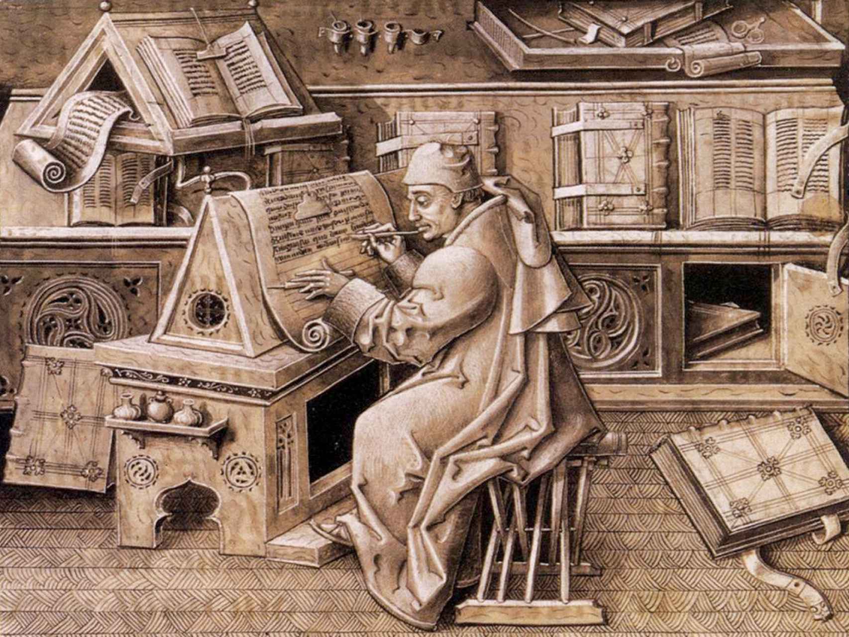 Un escribano medieval traduciendo un libro