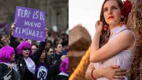 Amanda Puiggrós (d), de Vox, en Twitter, y una instantánea de la manifestación feminista del 8M / FOTOMONTAJE DE CG