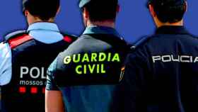 Un miembro de los Mossos d'Esquadra, un Guardia Civil y un Polícia Nacional / FOTOMONTAJE DE CG
