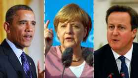 El presidente de los EE.UU., Barack Obama; la canciller alemana, Angela Merkel, y el primer ministro británico, David Cameron.