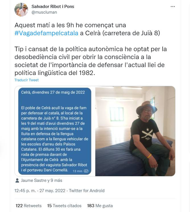 Tuit de Salvador Ribot en el que anuncia la huelga de hambre en defensa de la inmersión / TWITTER