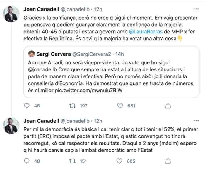 Tuit de Joan Canadell en el que se autodescarta como vicepresidente del Govern