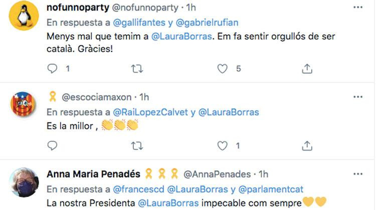 Algunos de los elogios que tanto gustaron a Laura Borràs / TWITTER