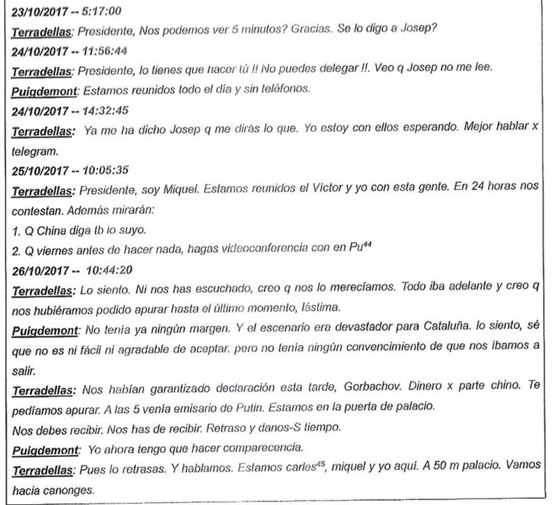 Transcripción de la conversación entre Víctor Terradellas y Carles Puigdemont que obra en el sumario