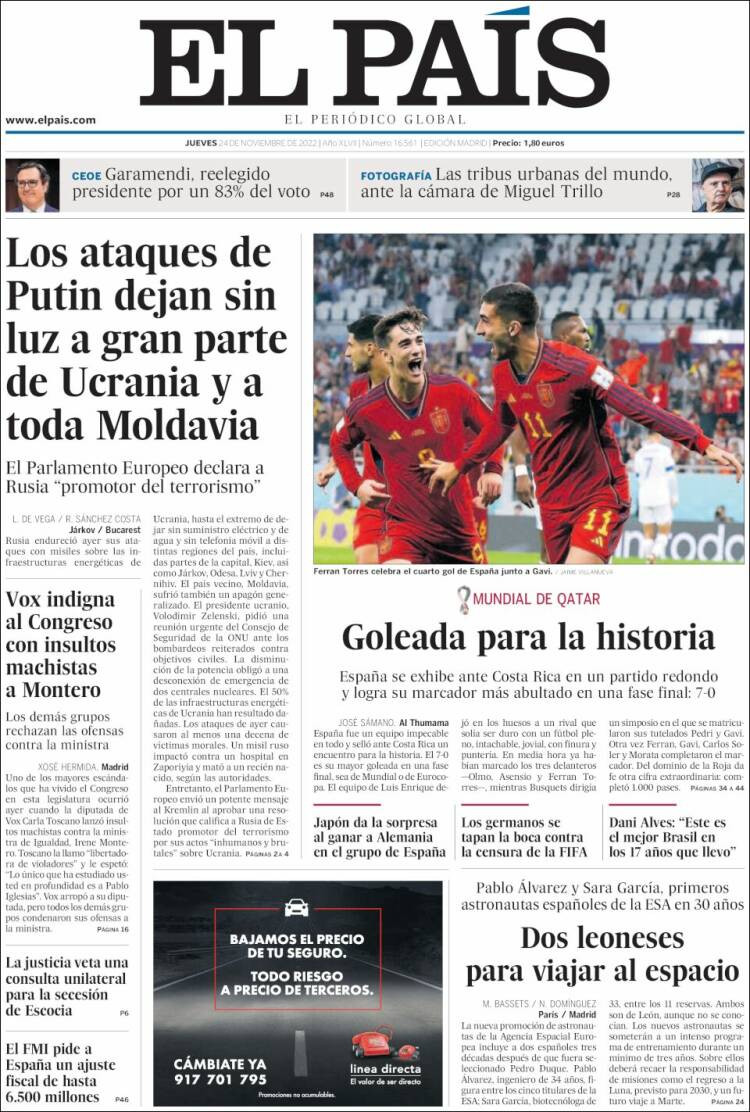 Portada de 'El País' de 24 de noviembre de 2022 / kiosko.net