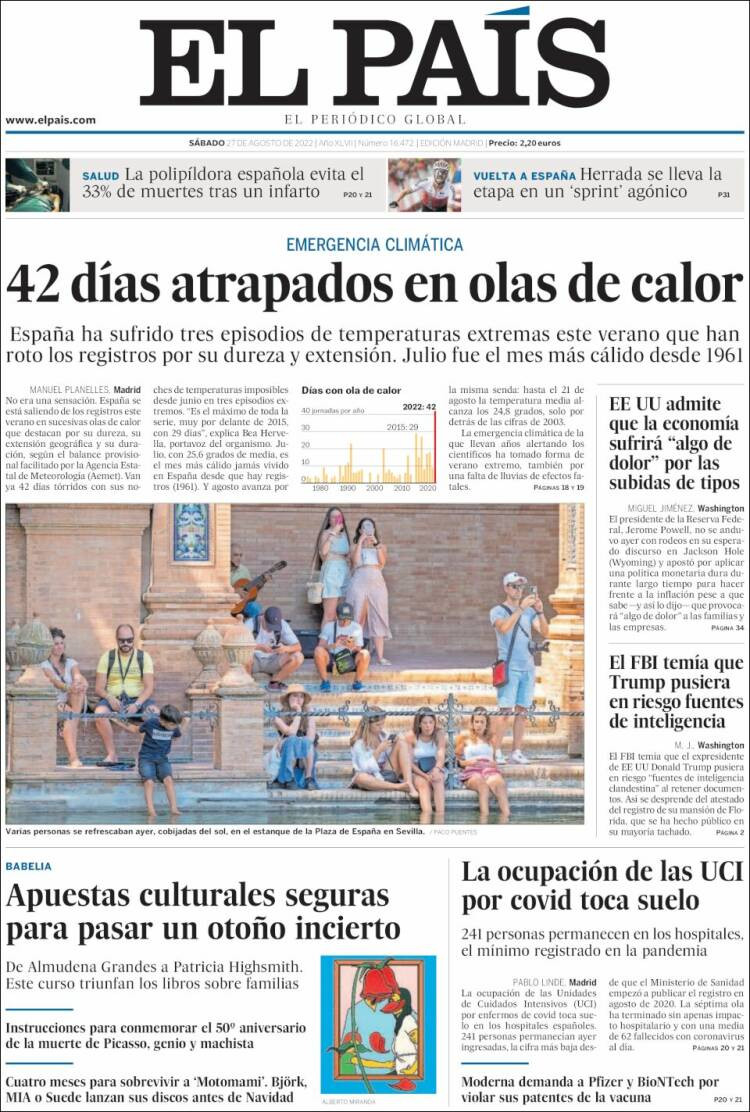 Portada de 'El País' del 27 de agosto de 2022