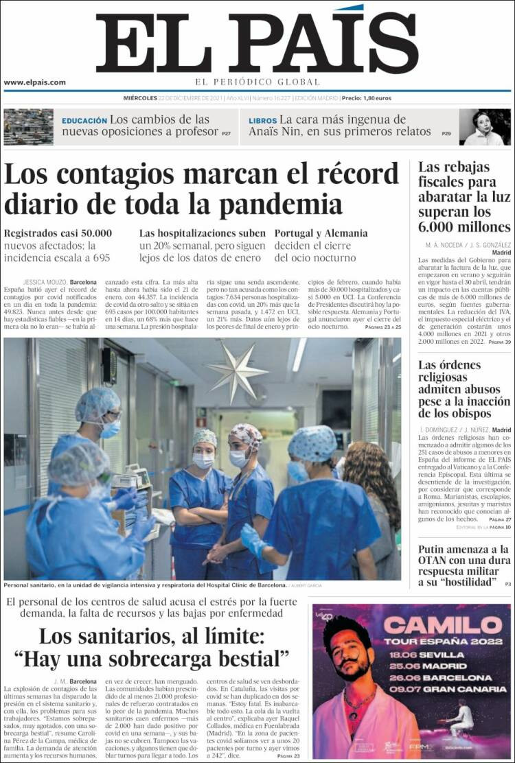 Portada de 'El País' del 22 de diciembre de 2021 / KIOSKO.NET
