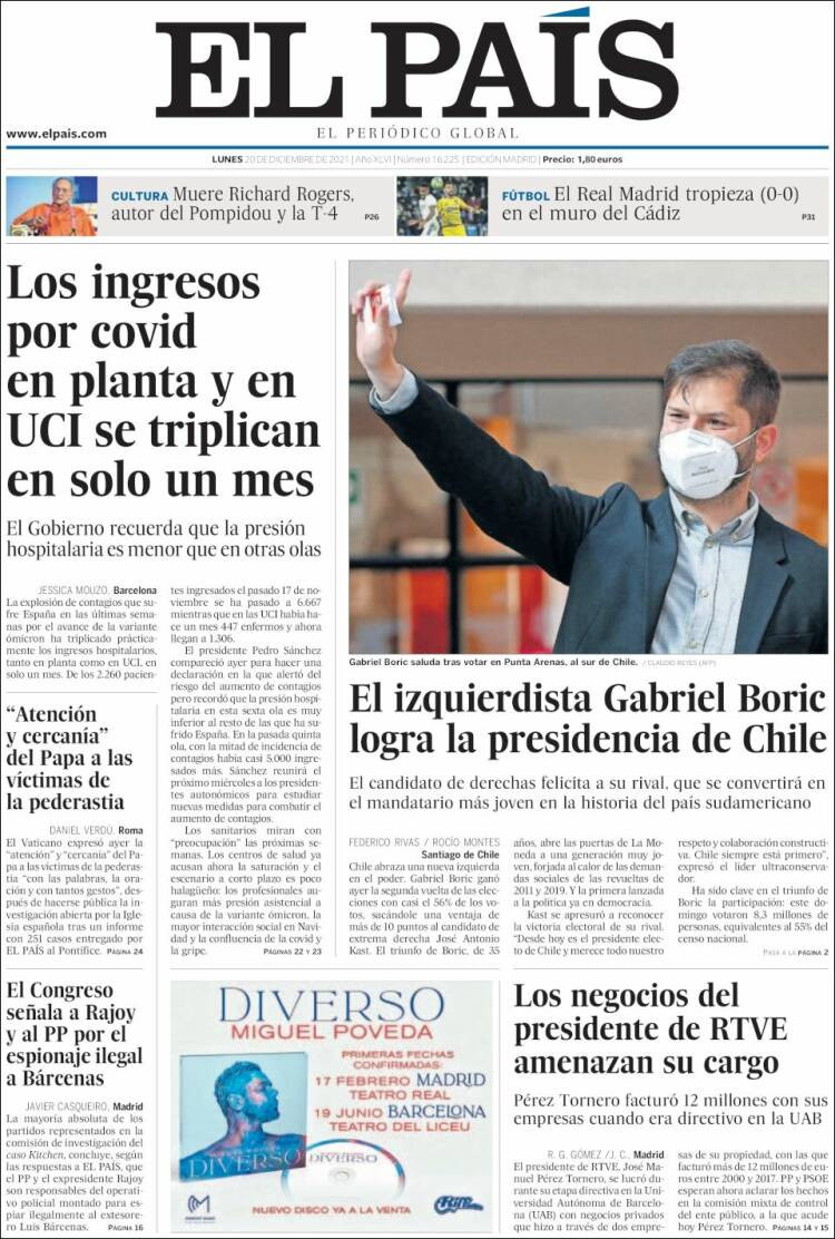 Portada de 'El País' del 20 de diciembre de 2021 / KIOSKO.NET