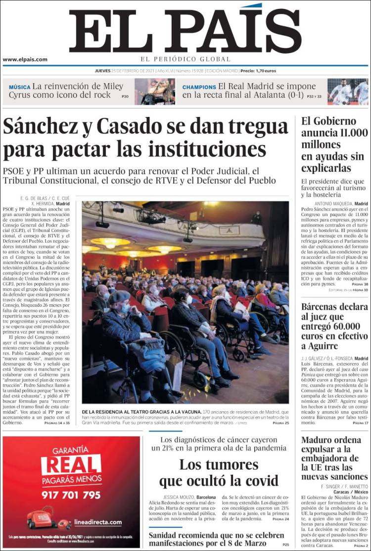 Portada de 'El País' del jueves 25 de febrero