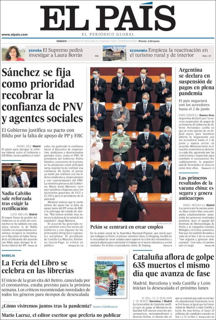 Portada de El País del 23 de mayo de 2020