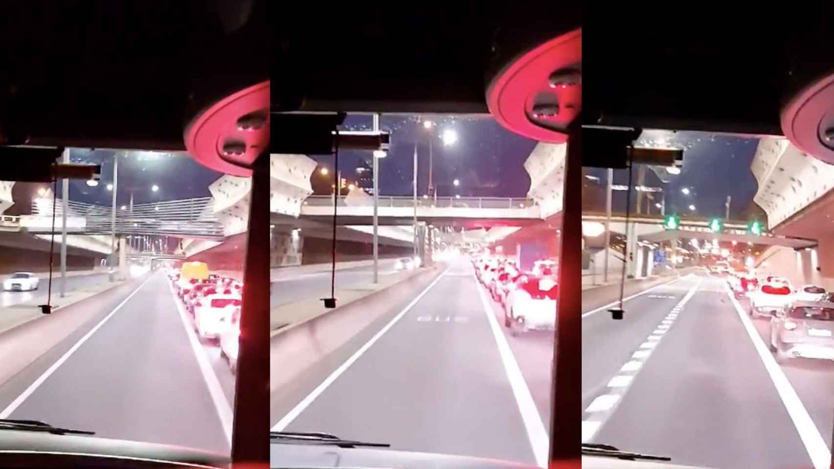Tres imágenes de colas en la entrada a Barcelona en dirección al túnel de Glòries / TWITTER