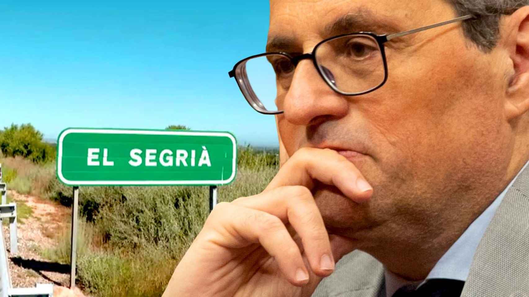 El presidente de la Generalitat, Quim Torra, ante un cartel de la comarca del Segrià, en Lleida / FOTOMONTAJE CG