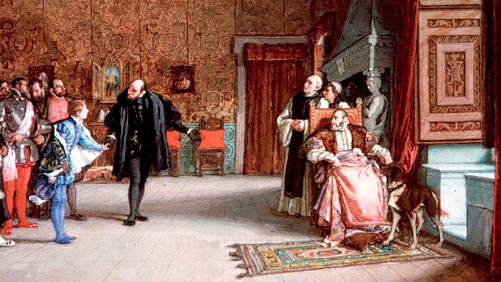 El Emperador Carlos V recibe la visita de su hijo bastardo, Don Juan de Austria. Óleo de Eduardo Rosales.