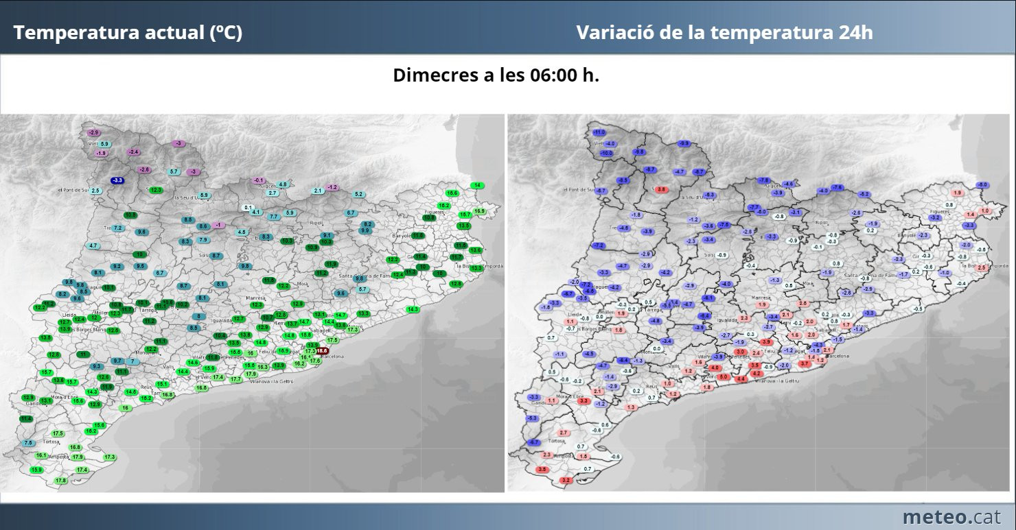 Situación de la temperatura y las precipitaciones en Cataluña este miércoles a las seis de la madrugada / METEOCAT