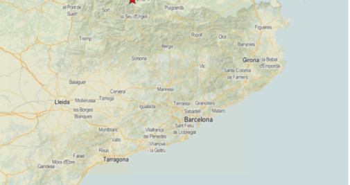 Mapa que ilustra el epicentro del seísmo, en l'Alt Urgell y Andorra / ICGC
