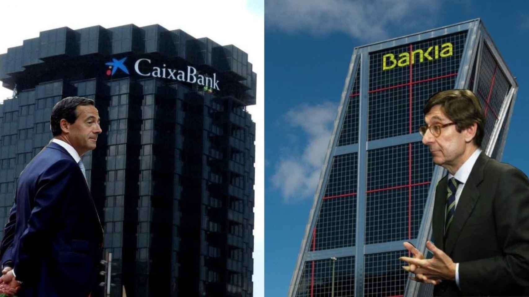 El consejero delegado de Caixabank, Gonzalo Gortázar (i), y el presidente de Bankia, José Ignacio Goirigolzarri (d), junto a las oficinas principales de ambas entidades / FOTOMONTAJE CG