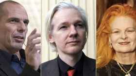 De izquierda a derecha, Yannis Varoufakis, Julian Assange y Vivienne Westwood