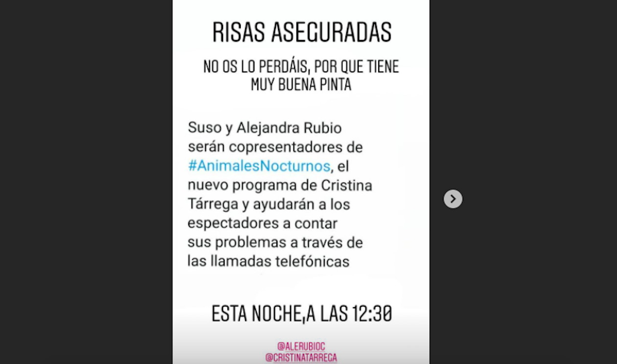 Alejandra Rubio confirma que se convertirá en la nueva co-presentadora del programa 'Animales Nocturnos' / INSTAGRAM