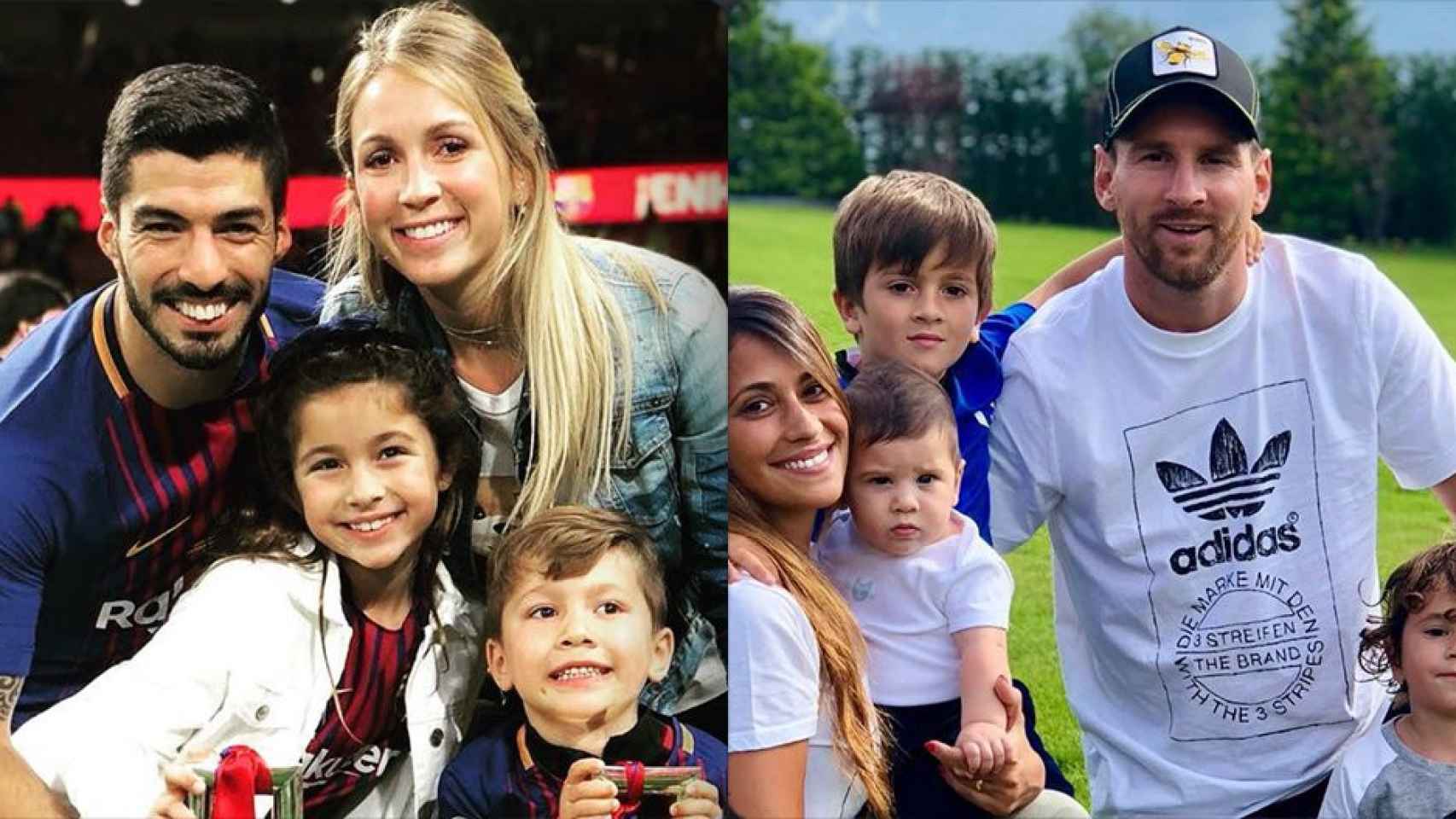 Leo Messi y Luis Suárez, en sendas fotos con sus mujeres e hijos / FOTOMONTAJE DE CULEMANÍA