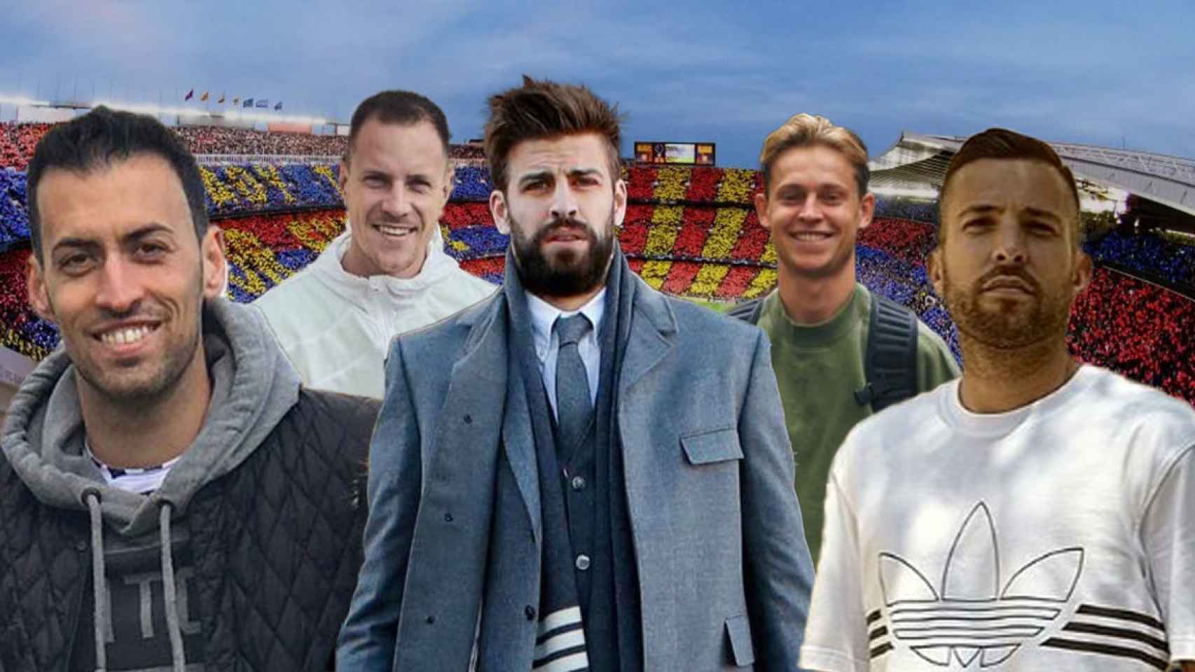 Sergio Busquets, Ter Stegen, Gerard Piqué, Frenkie de Jong, Jordi Alba, con el Camp Nou de fondo / FOTOMONTAJE DE GALA ESPÍN