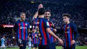 Los jugadores del Barça de Xavi celebran un gol contra el Celta de Vigo en el Camp Nou / FCB
