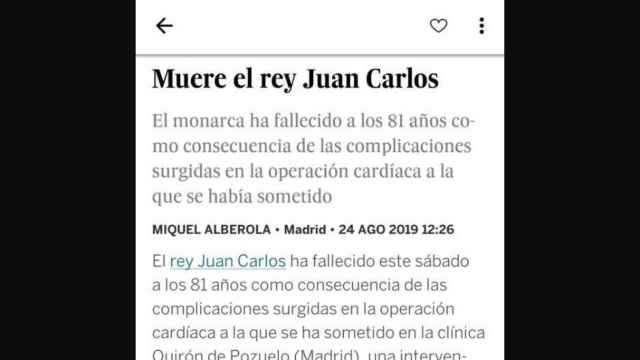 Captura de la información de 'El País' en la que por error se anuncia la muerte del rey Juan Carlos / EL PAÍS