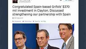 El gobernador de Carolina del Norte se felicita por la inversión de la empresa española Grifols en su Estado y por fortalecer nuestra alianza con España tras reunirse con Mas