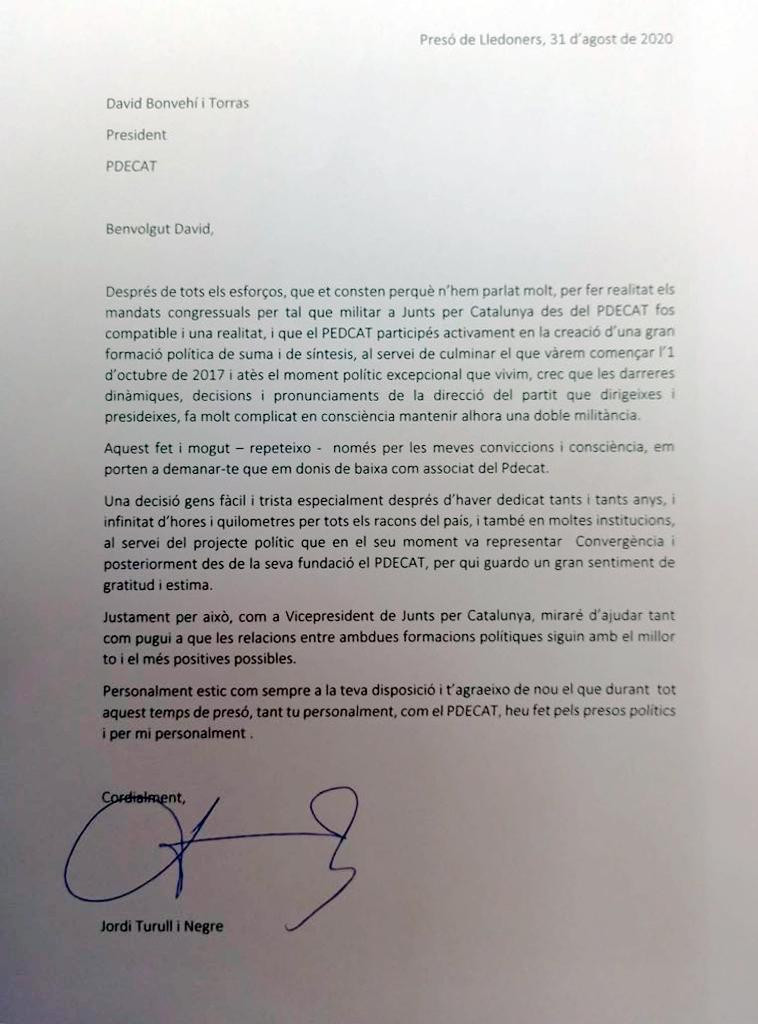 Carta de Jordi Turull a David Bonvehí para despedirse del PDECat