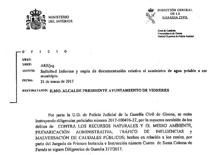 Detalle del informe de la Guardia Civil sobre el alcalde de Vidreres y la supuesta irregularidad en la gestión del agua