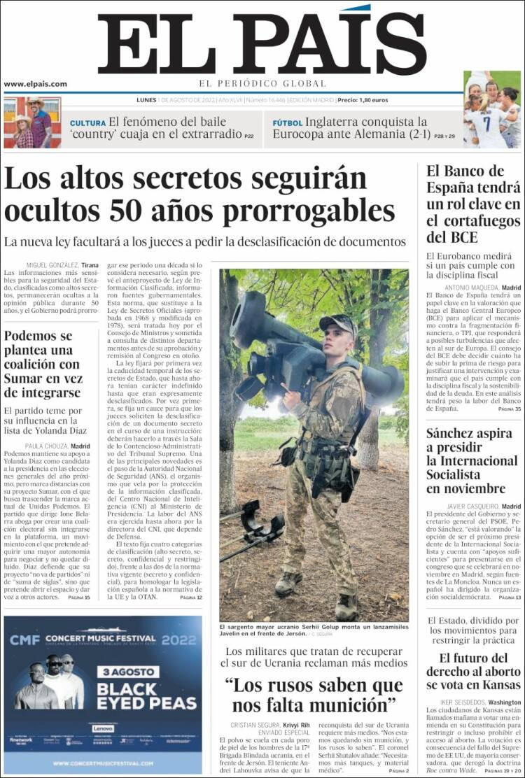 Portada de 'El País' de 1 de agosto de 2022 / KIOSKO.NET