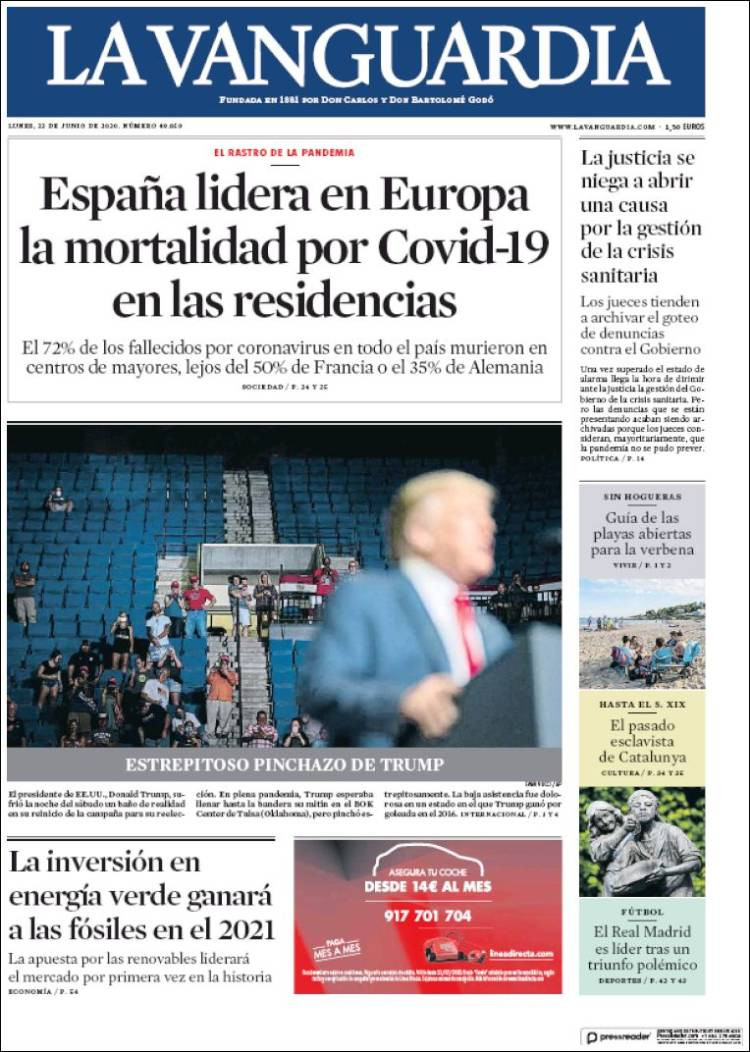 'La Vanguardia' del lunes 22 de junio, con las primeras planas dedicadas a la mortalidad del Covid-19 en España