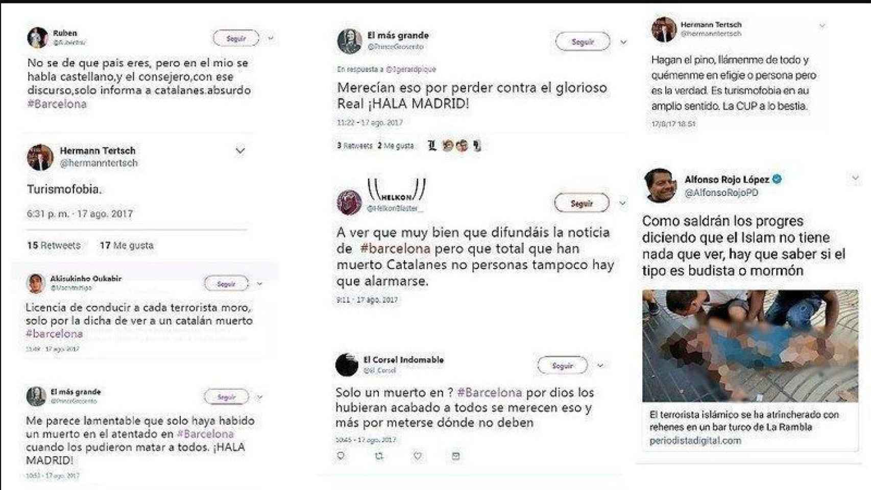 Algunos de los tuits recogidos tras el atentado de Barcelona / Change.org