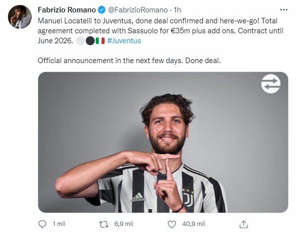 El reputado periodista Fabrizio Romano anuncia el fichaje de Locatelli / Redes