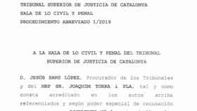 Imagen del texto en el que los abogados de Torra se dirigen en castellano al TSJC