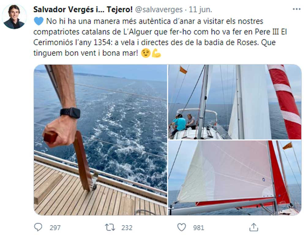 Salvador Vergés, diputado de JxCat, de velero hacia L'Alguer / TWITTER