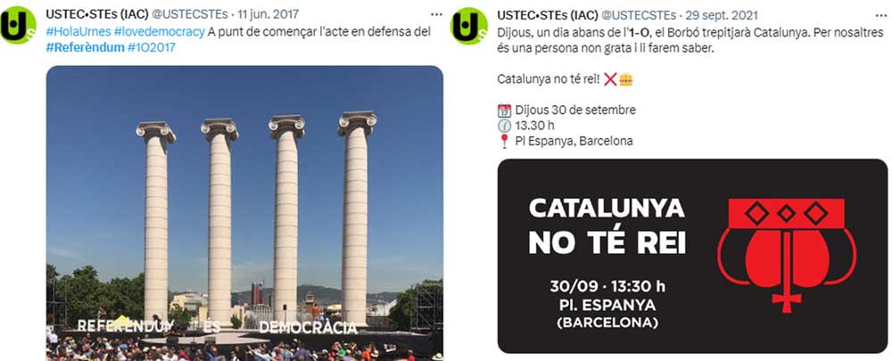 Tuits del sindicato educativo nacionalista Ustec-Stes antes y después del referéndum ilegal y unilateral de secesión del 1-O / TWITTER