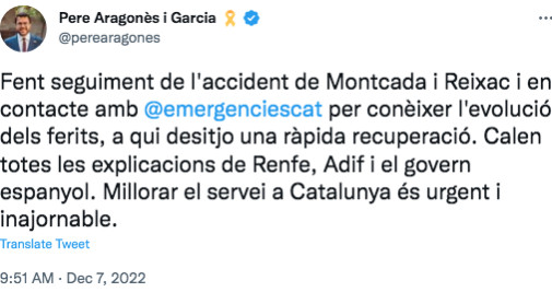 Mensaje de Pere Aragonès tras el choque de trenes / TWITTER