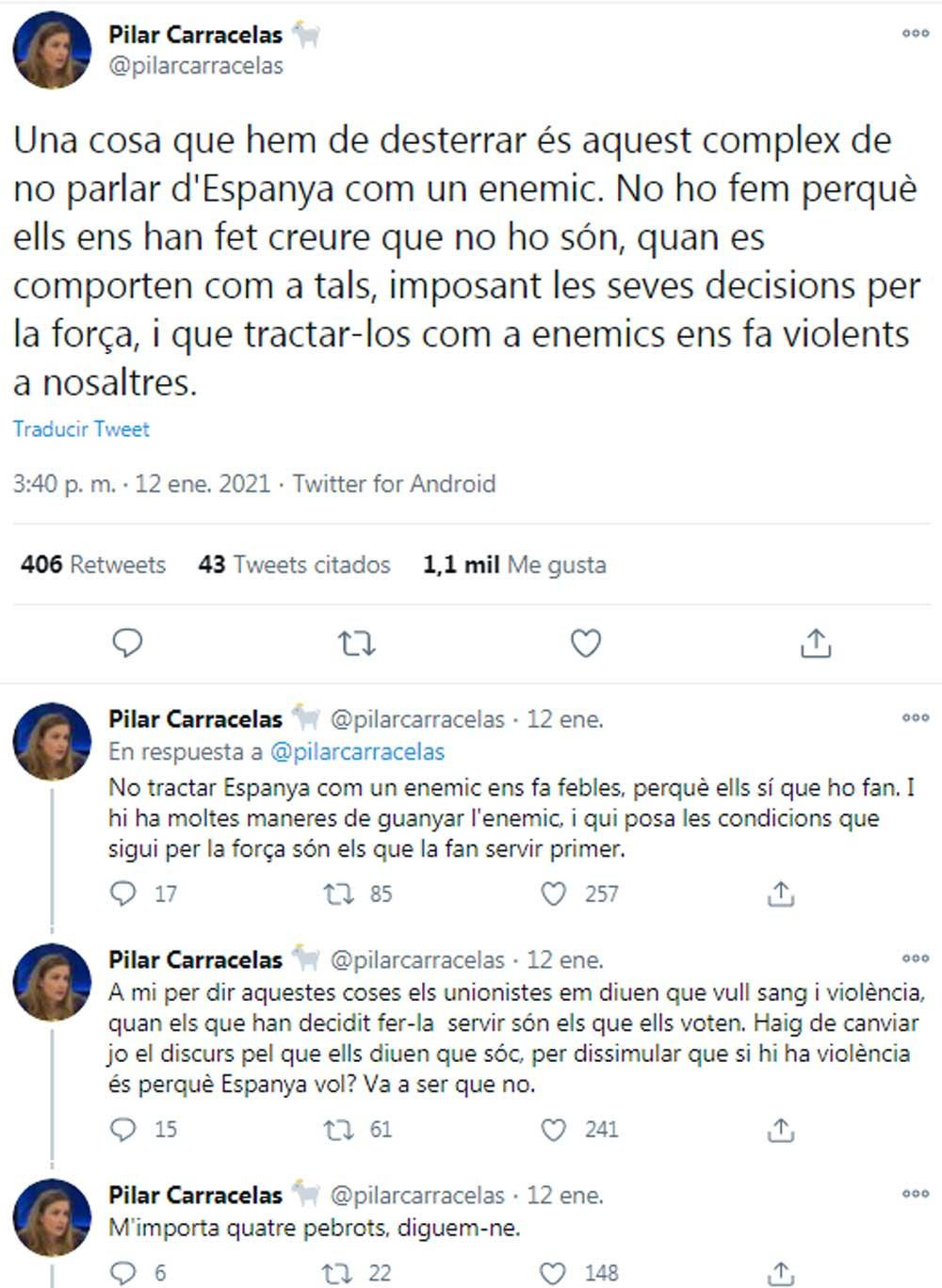 Pilar Carracelas, colaboradora de TV3, llamando enemigo a España en Twitter
